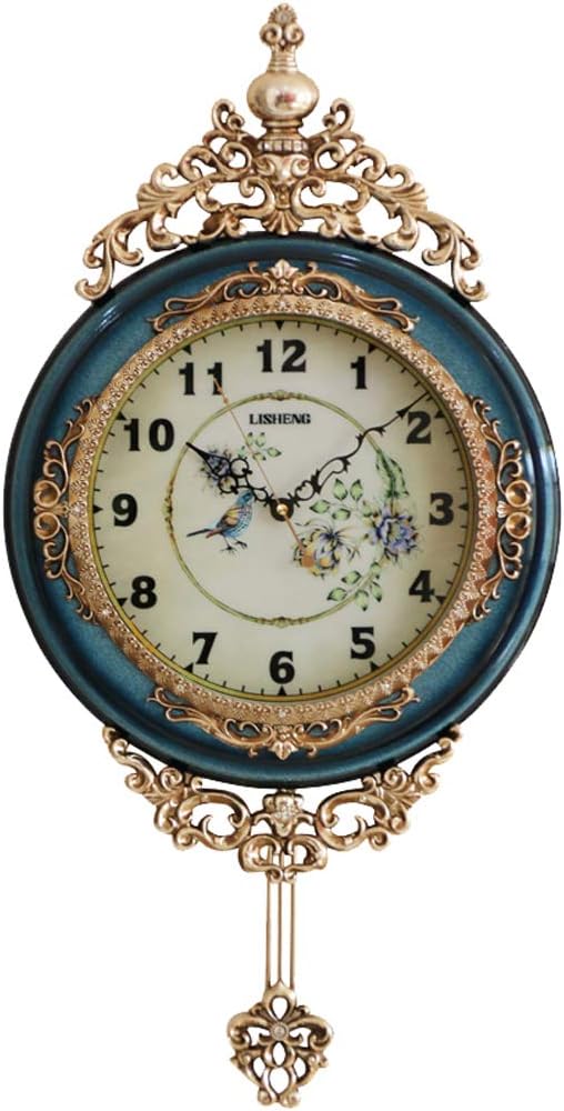 SHISEDECO Elegant, Traditional, Decorative, Hand Painted Modern Grandfather Wall Clock Fancy Ethnic Luxury Handmade Decoration, Swinging Pendulum for New Room or Office. Large. 29.5 Inch. (Blue)