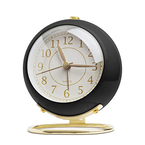 SHISEDECO Small Table Clocks, Classic Non-Ticking Tabletop Alarm Clock with Backlight, Battery Operated Desk Clock with HD Glass for Living Room Bedroom Bedside Indoor Decor (Black Gold)