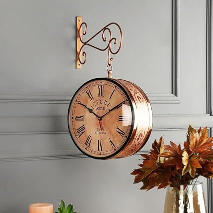 SIAN Railway Clock Vintage Copper/Golden Dual Side Victoria Station Dial Metal Carvin Station Railway Wall Clock Kitchen 360 Degrees rotatable Clock.(Black, 10 Inch)