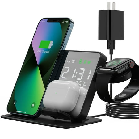 SIKAI CASE 3 in 1 Charging Station for iPhone,3 in 1 Alarm Clock Wireless Charging Station for15/14/13/12/11/Pro/Pro Max/Plus,iWatch 9/8/7/6/5/4/3,Airpods 3/2/Pro(Black）