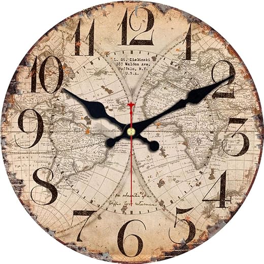 Silent Beige Home Office Study Room World Map Clock Kitchen Large Art Wall Clocks Antique Clocks No Ticking Round Wood Clock(40cm)