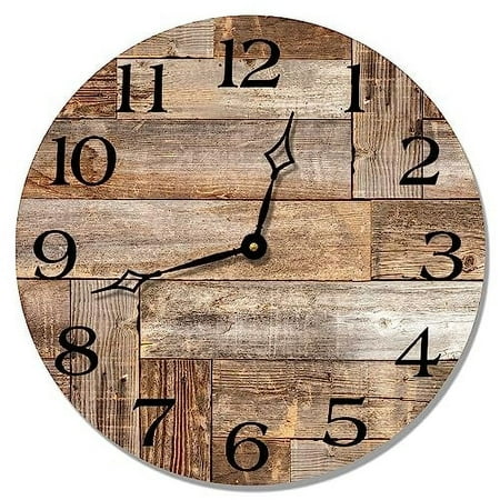 Silent Non-Ticking Wall Clocks, Brown Wood Barn Board Pine Plank Rustic Wall Clocks, Battery Operated 12 Inch Round Wall Clock for Home Decor Living Room Kitchen Office