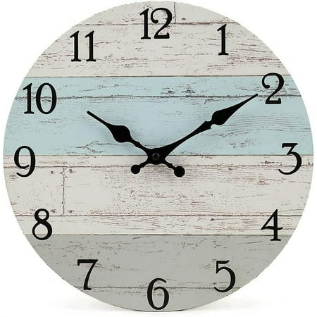 Silent Non-Ticking Wooden Decorative Round Wall Clock Quality Quartz Battery Operated Vintage Rustic Country Tuscan Style Home Decor Wall Clock(10 Inch, Coastal Worn Blue )