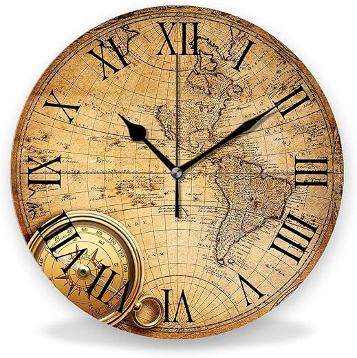 Silent Non Ticking Rustic Wall Clock, Wooden Old World Map Roman Numerals Clocks, Battery Operated 11.8"x11.8" Round Wall Clock for Kitchen, Living Room, Bedroom, Office