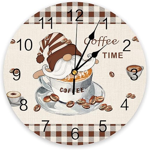 Silent PVC Wall Clock 10 Inch Round Wall Clock Gnomes Coffee Time Brown Plaid Hanging Clock for Kitchen Non Ticking Battery Operated Living Room Mute Clock