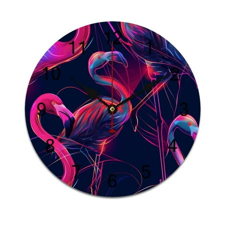 Silent Wall Clock 25cm/9.84in Round Wall Clock Neon Flamingo Hanging Clock for Home Living Room Bedroom Kitchen Non Ticking Battery Operated Living Room Mute Clock