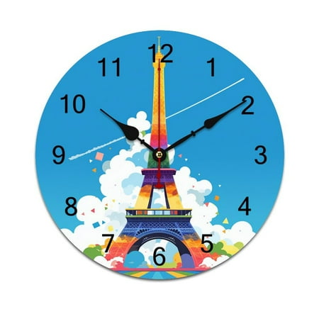 Silent Wall Clock 25cm/9.84in Round Wall Clock Paris Pride Eiffel Tower Hanging Clock for Home Living Room Bedroom Kitchen Non Ticking Battery Operated Living Room Mute Clock