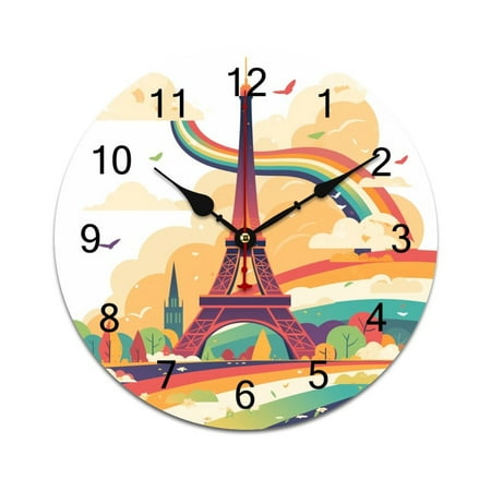 Silent Wall Clock 25cm/9.84in Round Wall Clock Paris Pride Eiffel Tower Hanging Clock for Home Living Room Bedroom Kitchen Non Ticking Battery Operated Living Room Mute Clock