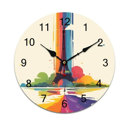 Silent Wall Clock 25cm/9.84in Round Wall Clock Paris Pride Eiffel Tower Hanging Clock for Home Living Room Bedroom Kitchen Non Ticking Battery Operated Living Room Mute Clock