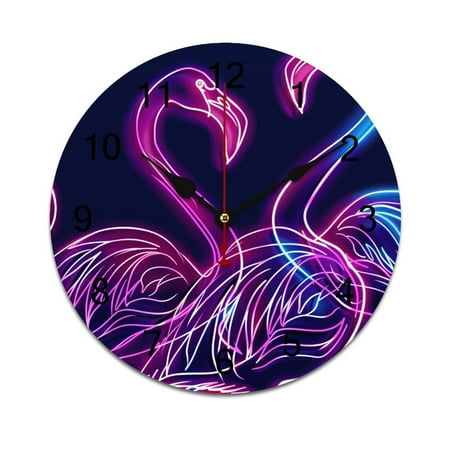 Silent Wall Clock 30cm/11.8in Round Wall Clock Neon Flamingo Hanging Clock for Home Living Room Bedroom Kitchen Non Ticking Battery Operated Living Room Mute Clock