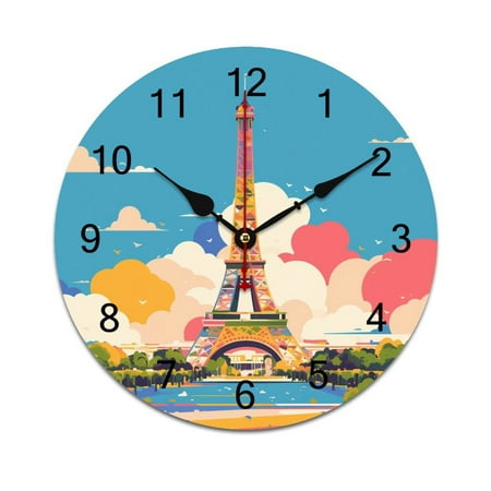 Silent Wall Clock 30cm/11.8in Round Wall Clock Paris Pride Eiffel Tower Hanging Clock for Home Living Room Bedroom Kitchen Non Ticking Battery Operated Living Room Mute Clock