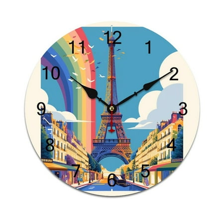 Silent Wall Clock 34cm/13.39in Round Wall Clock Paris Pride Eiffel Tower Hanging Clock for Home Living Room Bedroom Kitchen Non Ticking Battery Operated Living Room Mute Clock