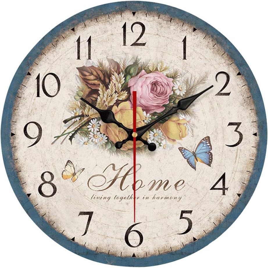 Simple European Style Flowers Wall Clock Frameless Wooden MDF Waterproof Silent Art Decor for Home Living Room Office Decoration (12inch)