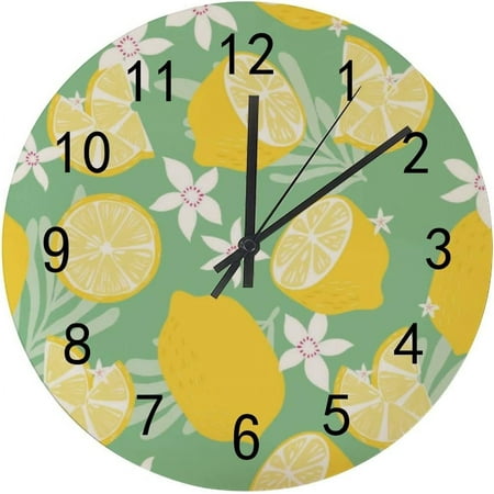 SKYSONIC Silent Wooden Round Wall Clock Lemons with Tropical Leaves and Flowers Non Ticking Battery Operated Clocks for Home Office Living Room Bedroom