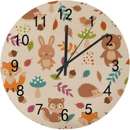 SKYSONIC Silent Wooden Round Wall Clock Woodland Animals Non Ticking Battery Operated Clocks for Home Office Living Room Bedroom