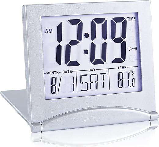 Small Digital Travel Alarm Clock Battery Operated, Portable Large Number Display Loud Alarm Clock with Temperature, Night Backlight, 12/24 H Desk Clock -Silver (White Light)