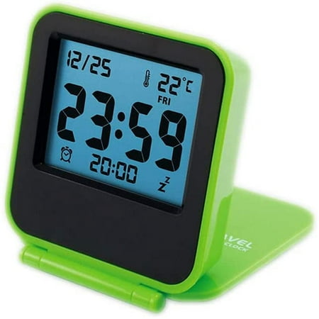 Small Digital Travel Alarm Clocks,Battery Operated Travel Clock with LCD Night Light,Portable Folding Mini Pocket Temperature Clock for Outdoor Kids Bed Desk Table Cruise Camper（Green）