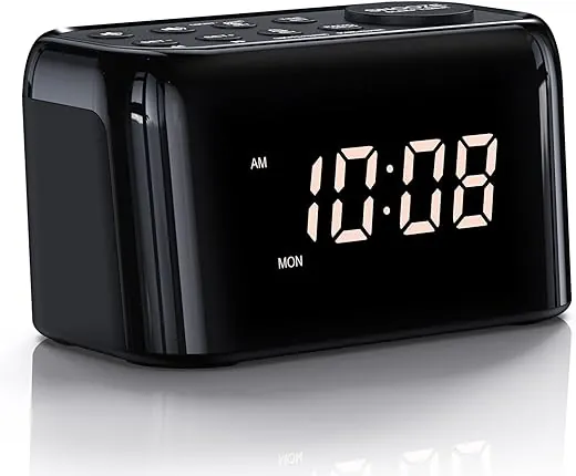 Small Dual Alarm Clock Radio with Weekday/Weekend, 0-100% Dimmer, 7 Adjustable Volume Sounds, FM Radio with Sleep Timer for Bedroom