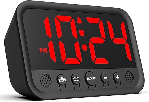 Small LED Digital Clock for Bedroom, Loud Alarm Clock for Heavy Sleepers Adults, Teens | Plug-In Electric Desk Clock | Simple Bedside Nightstand Clock with Adjustable Volume/Brightness/Snooze – Red