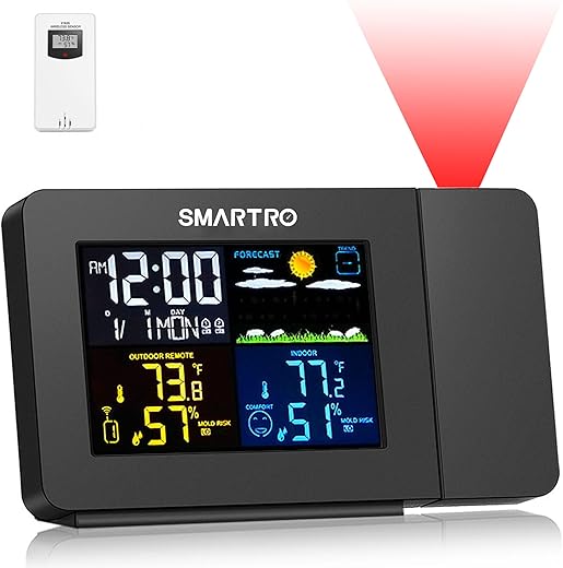 SMARTRO SC91 Projection Alarm Clock for Bedrooms with Weather Station, Wireless Indoor Outdoor Thermometer, Temperature Humidity Monitor Gauge Hygrometer