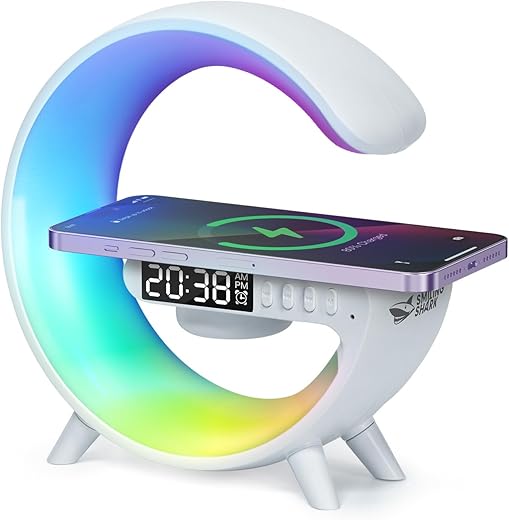 Smiling Shark Wake Up Light, Sunrise Alarm Clock Night Smart Light【Small, White】 with Bluetooth Speaker & Fast Wireless Charger Multi-Color Dimmable for Bedroom, Wake-Up-Alarm-Clock-Light