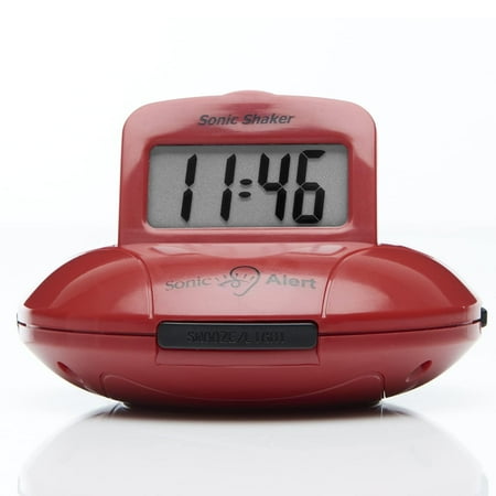 Sonic Alert - Sonic Shaker Portable Super Loud Digital Alarm Clock for Heavy Sleepers, Compact Design, Red