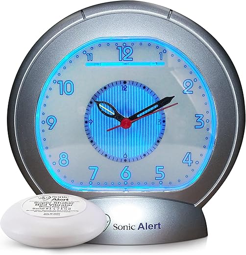 Sonic Alert Alarm Clock – Sonic Bomb Analog Alarm Clock - Loud Alarm Clock for Heavy Sleepers – Alarm Clock with Bed Vibrator – Easy to Use - Silver