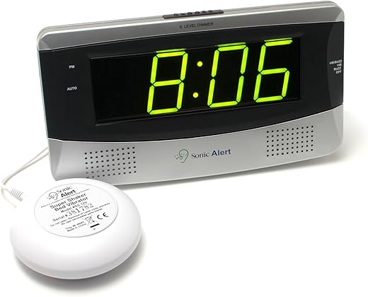 Sonic Alert Large Digital Clock, Loud Alarm Clock for Heavy Sleepers with Snooze, Full Range Brightness Dimmer, Outlet Powered Digital Clocks for Bedroom, Desk, Bedside, Shelf (gray) Silver