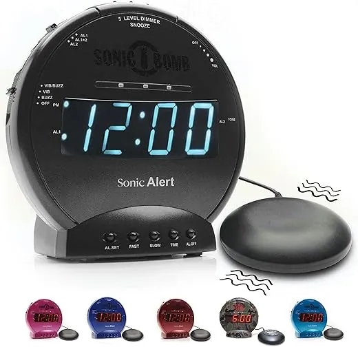 Sonic Alert Sonic Bomb Dual Alarm Clock with Bed Shaker, Black Vibrating Alarm Clock Heavy Sleepers, Battery Backup | Wake with a Shake