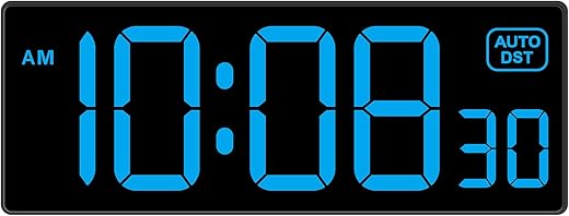 Soobest LED Wall Clock Digital Clock with Seconds, Electric Plug in Large Big Numbers Clock 5 Dimmers Wall Mount for Living Room, Auto DST, 10 Inches (Blue)