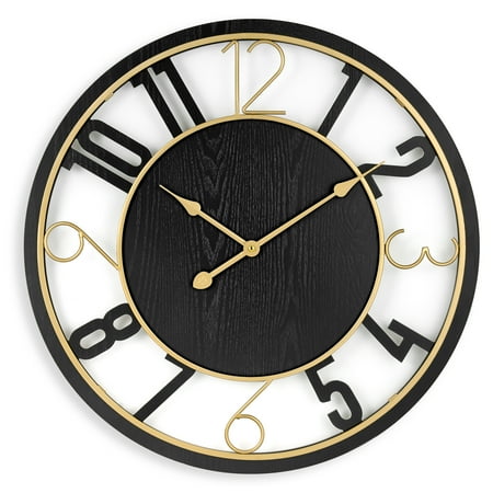 Sorbus Large Wall Clock - Contemporary Black Wood with Gold Metal Accents - Modern Room Décor