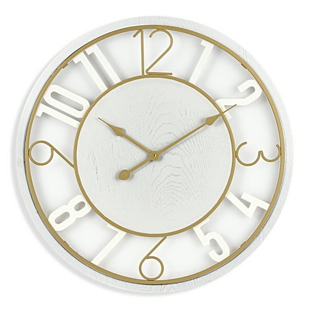 Sorbus Large Wall Clock - Minimalist White Wood with Gold Metal Accents - Scandinavian Room Décor