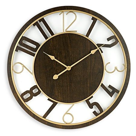 Sorbus Large Wall Clock - Rustic Brown Wood with Gold Metal Accents - Traditional Room Décor