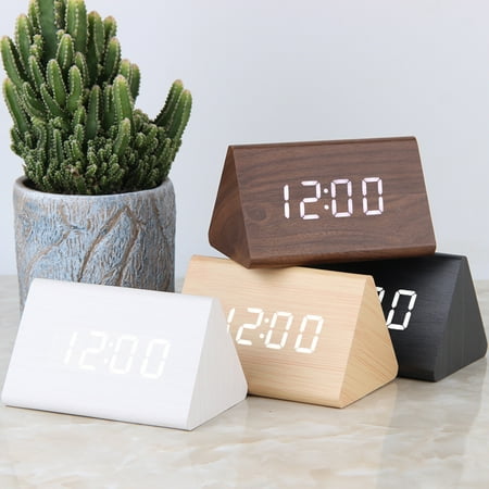 SPRING PARK Modern Wooden LED Digital Alarm Clock Desk Voice Control Thermometer Display USB