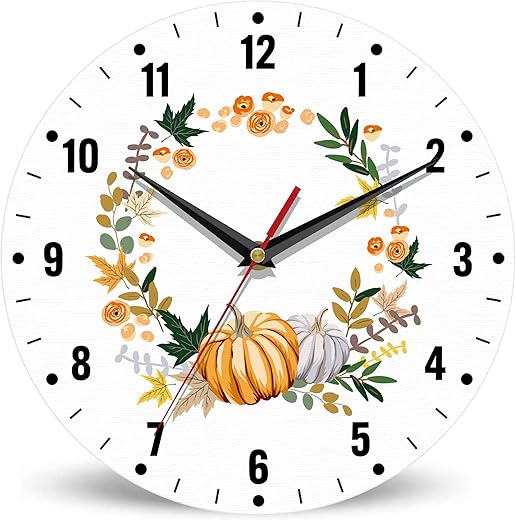 SPUNKER Thanksgiving Day Wall Clock,Autumn Pumpkin Kitchen Wall Clock,Maple Leaves Flower Clocks 10 Inch Silent Non-Ticking Wall Battery Operated for Living Room Bedroom Bathroom Laundry Room Decor