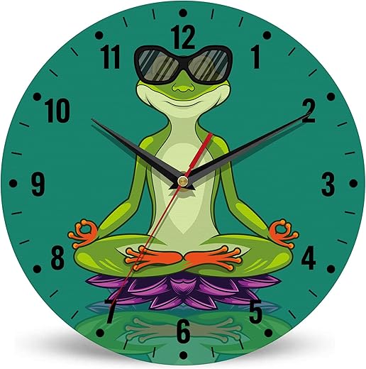 SPUNKER Wall Clock,Funny Frog Wall Clocks for Living Room Decor,Yoga Lotus Flower Kitchen Clocks Wall Battery Operated - 10 Inch Round Bathroom Wall Clock Silent Non-Ticking