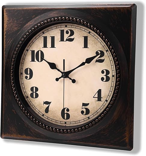 Square Retro Wall Clock 12 Inch Vintage 1950s Style for Kitchen Home,Silent Non-Ticking Battery Operated, Black-Gold