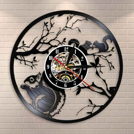 Squirrels In Love Wall Clock Modern Design Woodland Animals Home Decor Squirrels on a Tree Vintage Vinyl Record Wall Clock