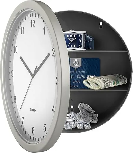 Stalwart Wall Clock Safe - 10-Inch Battery-Operated Analog Timepiece with Hidden Shelf Storage for Secret Compartment Items and More (Silver/White)