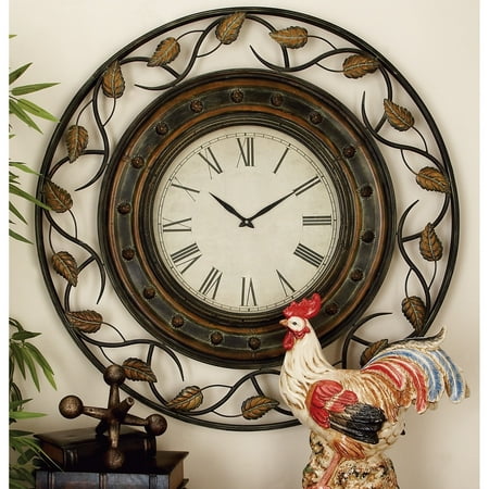 Studio 350 Brown Metal Medallion Leaf Decorative Wall Clock with Scrolled Vines and Floral Accents