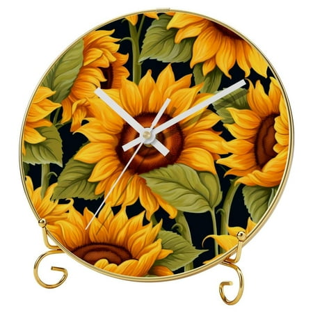 Sunflower Round Wall Clock with Printed Design, Hooks, Gold Stand - Silent Non-Ticking Clocks for Home and Office