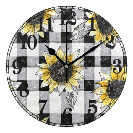 Sunflowers on Checkered Grid Silent Wall Clock 10 Non-Ticking Battery Clock