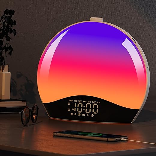 Sunrise Alarm Clock Wake Up Light, Kids Hatch Alarm Clock, Bluetooth White Noise Machine with 22 Soothing Sounds, 17 Color Night Lights, Sunrise Simulation, Dual Alarms, FM Radio, Snooze, Ideal Gift