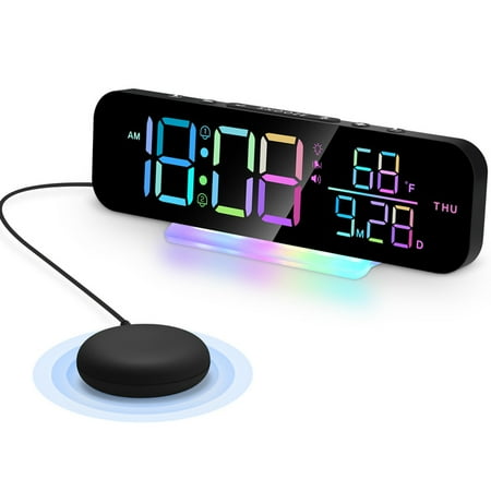 Super Loud Vibrating Alarm Clock with Vibrator Bed Shaker Heavy Sleeper and Colorful RGB Night Light Decoration