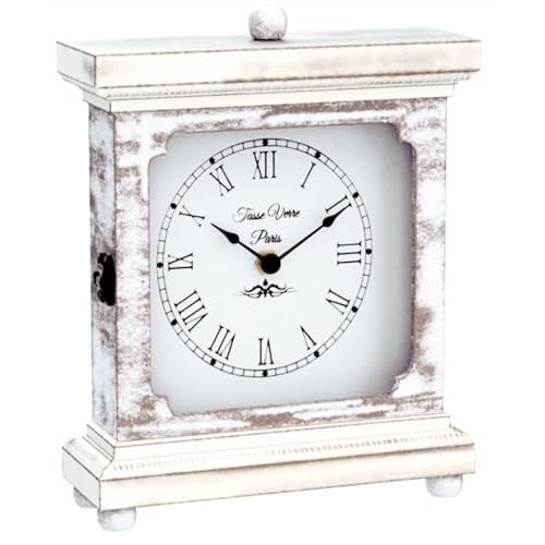 Tasse Verre Rustic Shelf Clock (Quiet) for Living Room Mantel, Table, Or Desk 9 X 7 Farmhouse Decor Distressed White Washed Wood Silent - Office Fireplace. AA Battery Operated Non-Digital, Tan