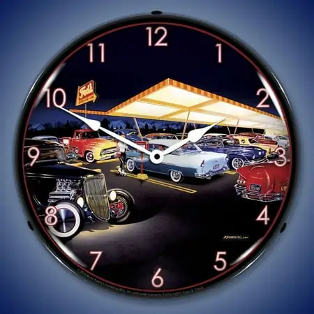 Teds Drive In Wall Clock, Lighted: Bruce Kaiser