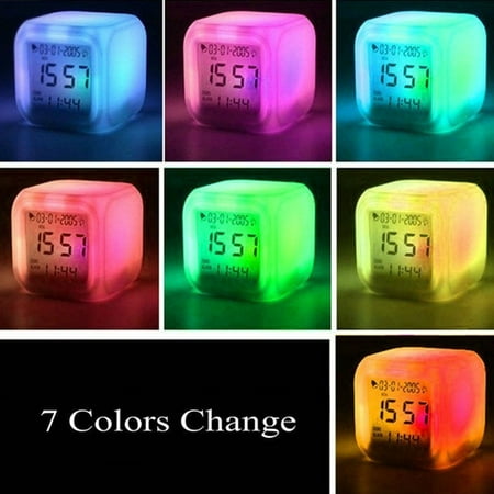 Teissuly Digital Alarm Thermometer Night Glowing Cube 7 Colors Clock LED Change LCD for Bedroom Child