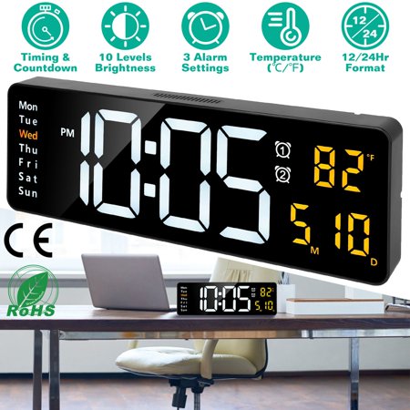 TeqHome 15.7in Large LED Digital Wall Clock with Remote Control 10 Level Brightness 3 Alarm Settings 12/24Hr Format Timing Countdown Temperature Calendar Display Decorative Clock For Office Home