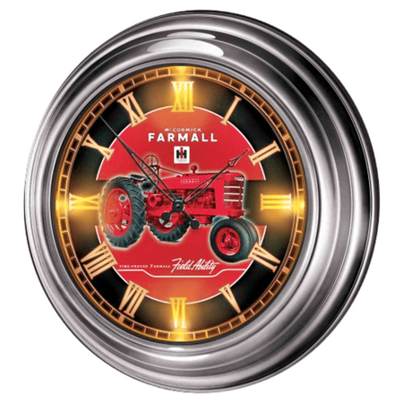 The Bradford Exchange Farmall Atomic Wall Clock with Model H Tractor Art Illuminated Indoor/Outdoor Clock with Weather-Resistant Brushed Chrome Housing and Self-Setting Time 14-inches