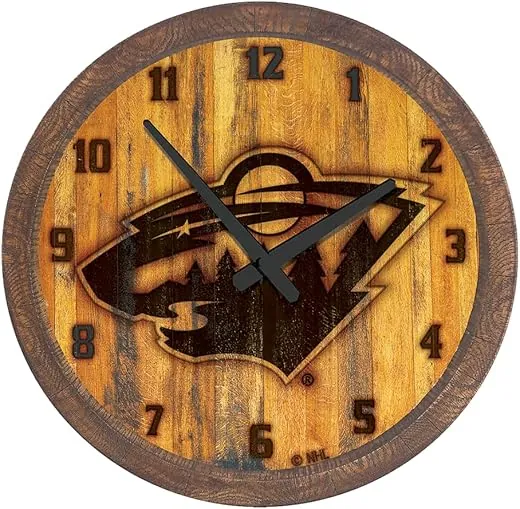 The Fan-Brand NHL Minnesota Wild: Branded Faux Barrel Top Wall Clock - Sports Team Bar Sign Décor - Home Man Cave, Party Decoration - Made On Demand